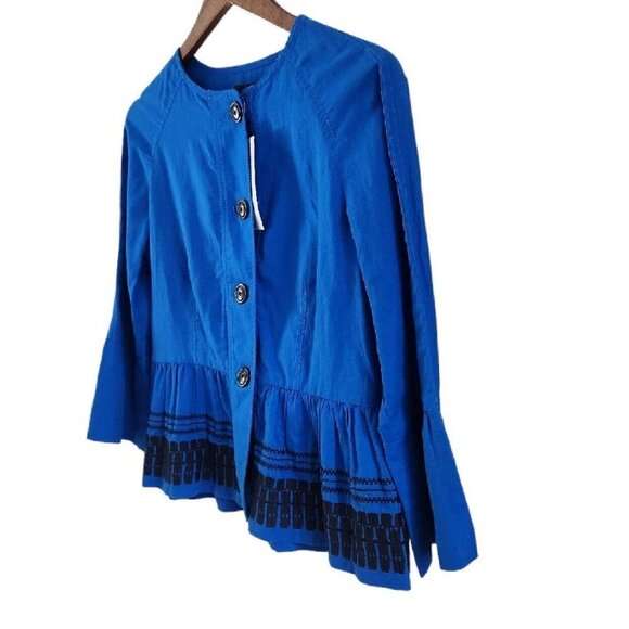 Ann Taylor Blue Embroidered Button Front Flounce Linen Blend Jacket Top XS NEW - Picture 6 of 8